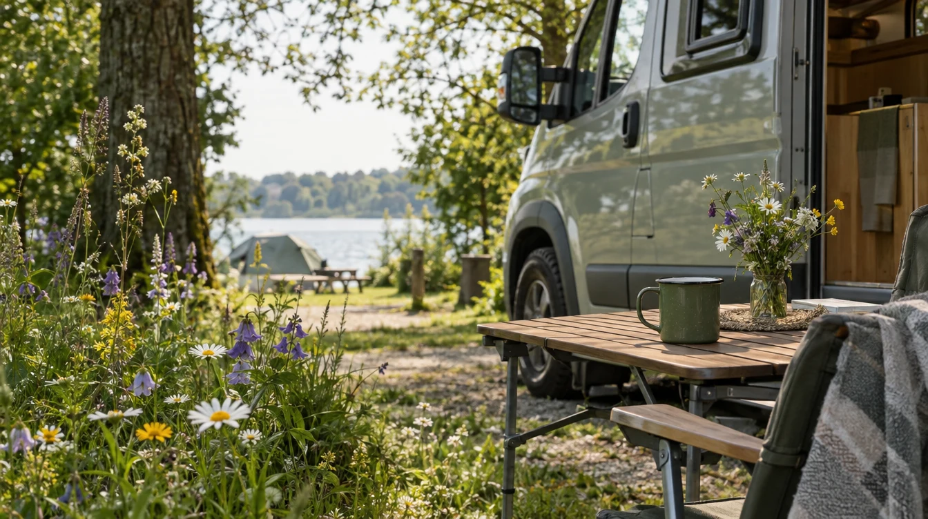 Camping mug and flowers on a table beside a camper