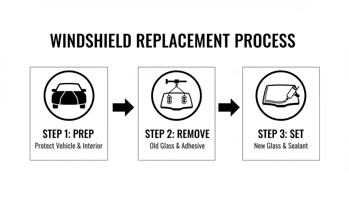 A 3-step diagram outlining the windshield replacement process: prep, remove old glass, and set new glass.