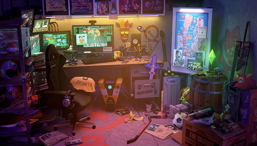 Décor d'un jeu PopCorn Garage, une gaming room remplie de références de jeux vidéos rétro à retrouver.