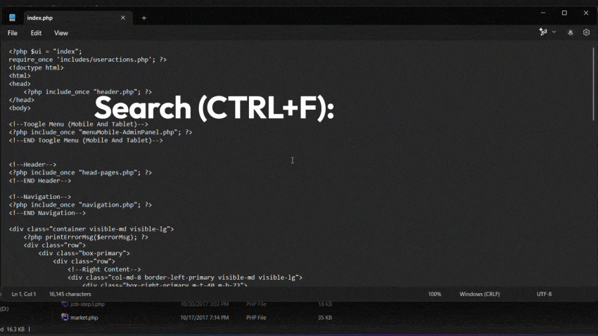 GIF showing a code editor with a search prompt highlighting how to find the </body> tag using CTRL+F.