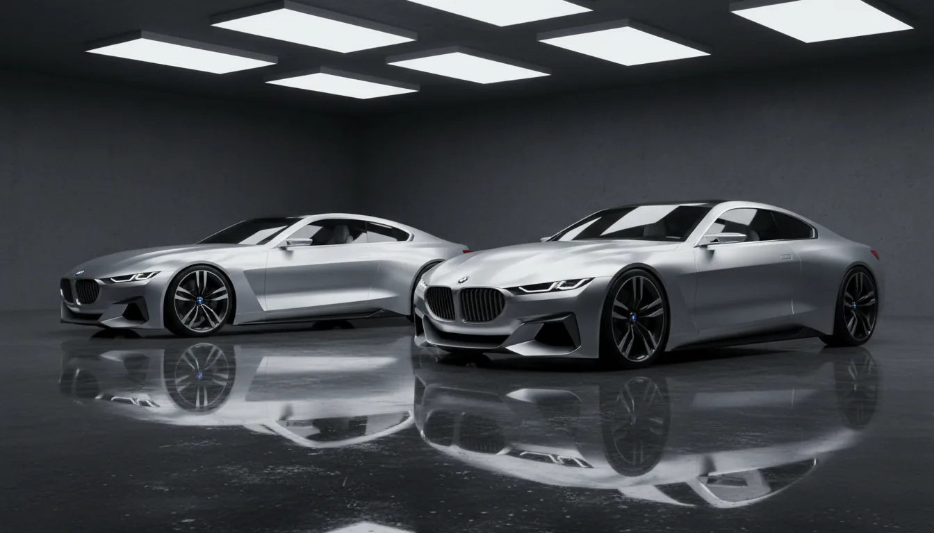 Photorealistic 3D render of two silver BMW concept coupes in a dark studio, Blender style. The cars have a brushed metallic paint finish and are parked on a wet, reflective, dark asphalt floor. The scene features dramatic soft global illumination and a studio backdrop, creating strong, sharp highlights on the car bodies. Low-angle shot, hyper-detailed.