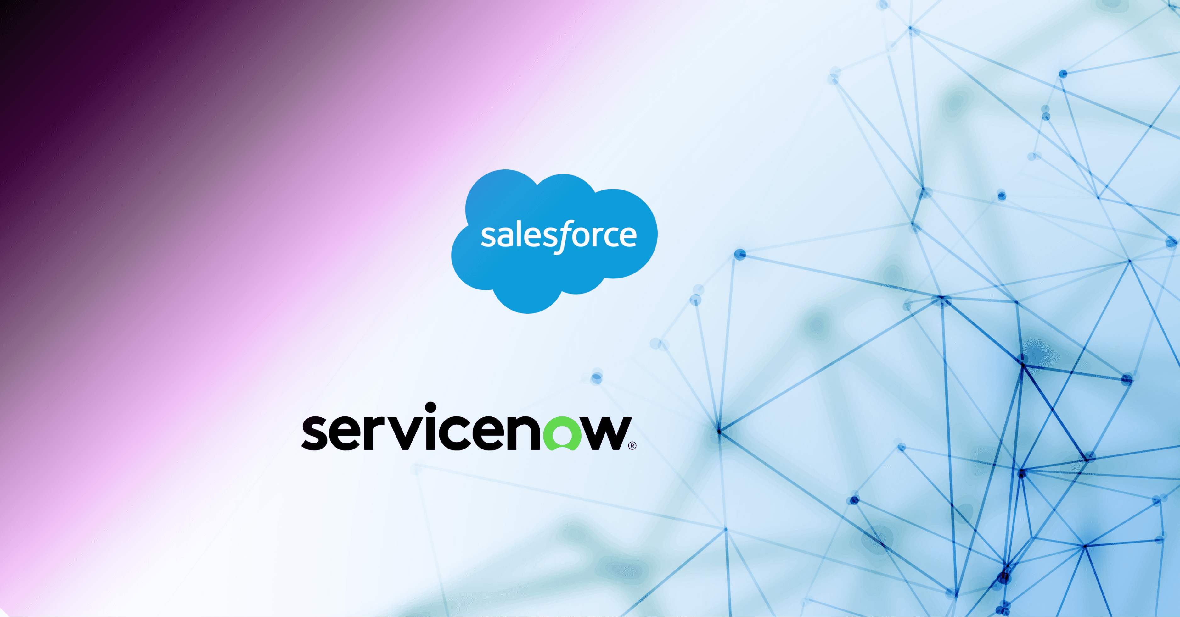 Salesforce and ServiceNow logos on a white background with a blue digital network overlay.