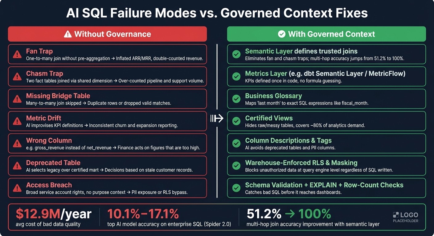 AI SQL Failure Modes vs. Governed Context Fixes
