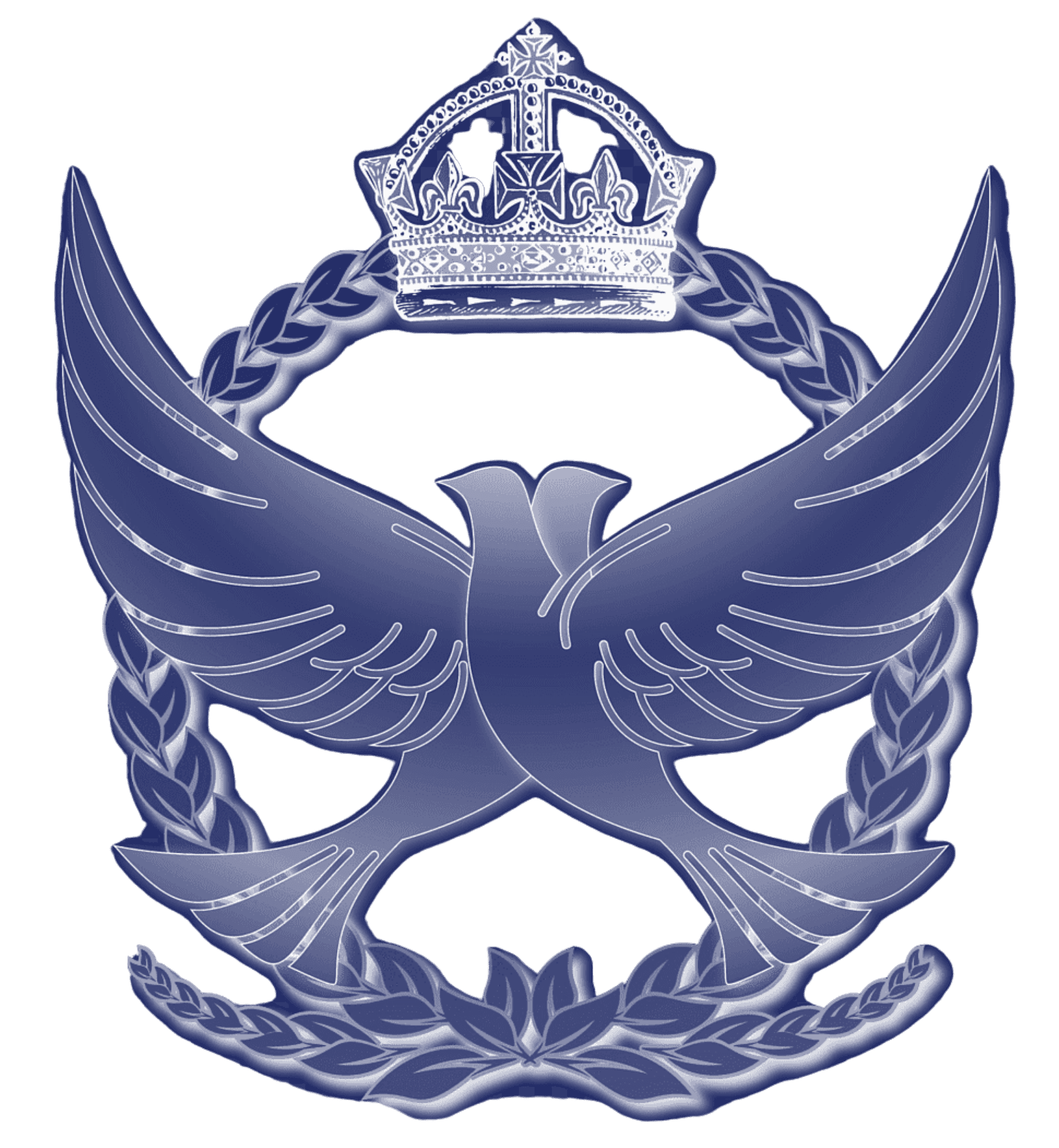 Um emblema azul estilizado apresenta uma águia abstrata em voo, com as asas abertas, cercada por folhas de louro e coroada por uma coroa detalhada, simbolizando autoridade e excelência.