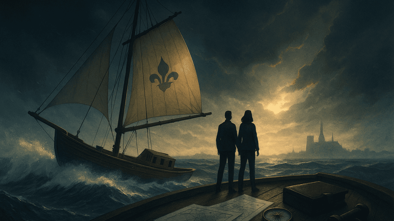 Deux personnes debout sur le pont d’un bateau face à une mer agitée, sous un ciel sombre éclairé par le soleil.