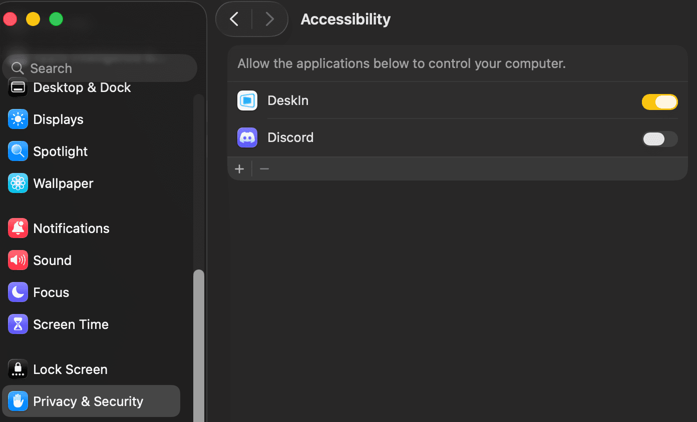 Enable DeskIn for mac accessibility