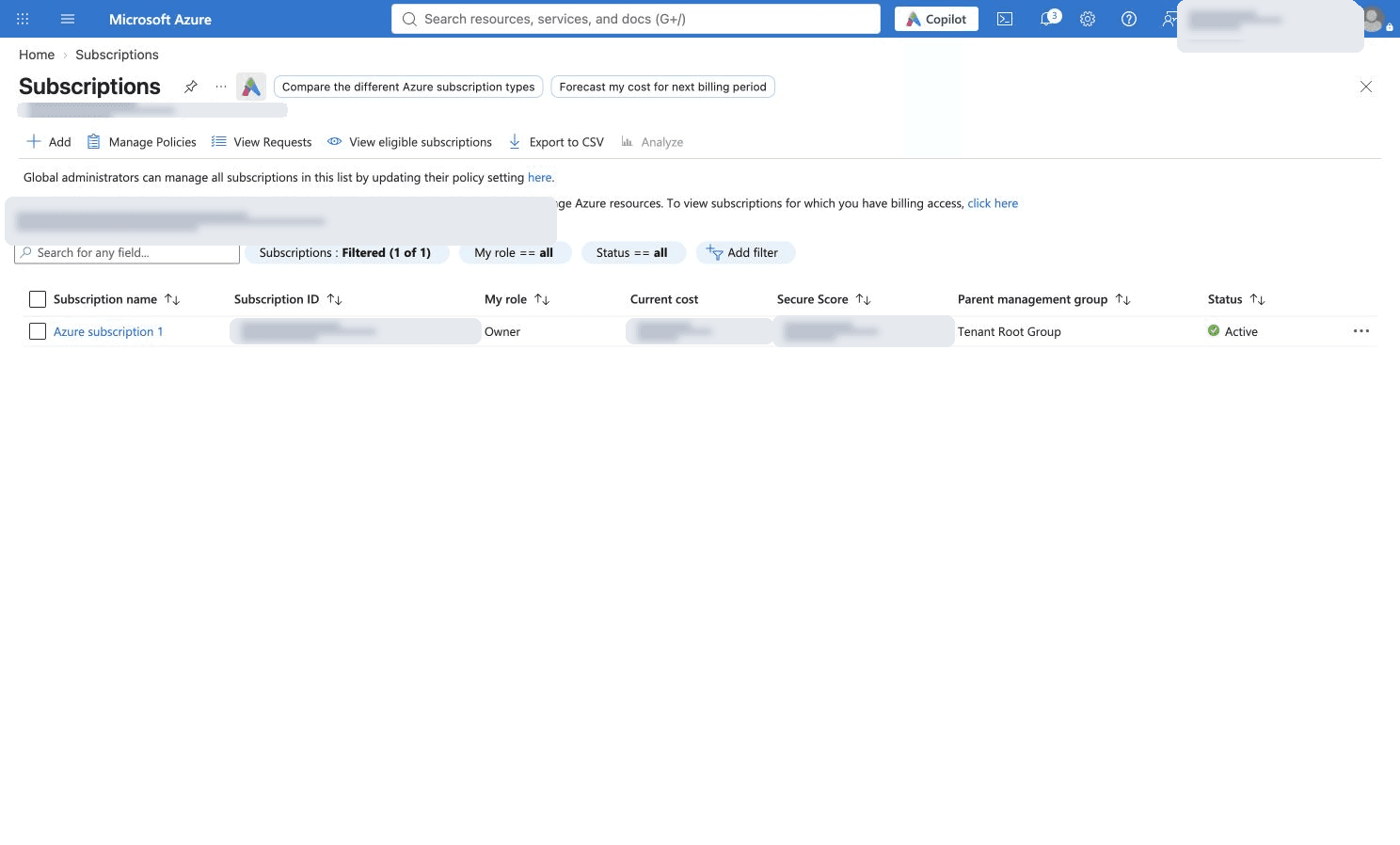 Azure Subscriptions list with private identifiers and billing details censored