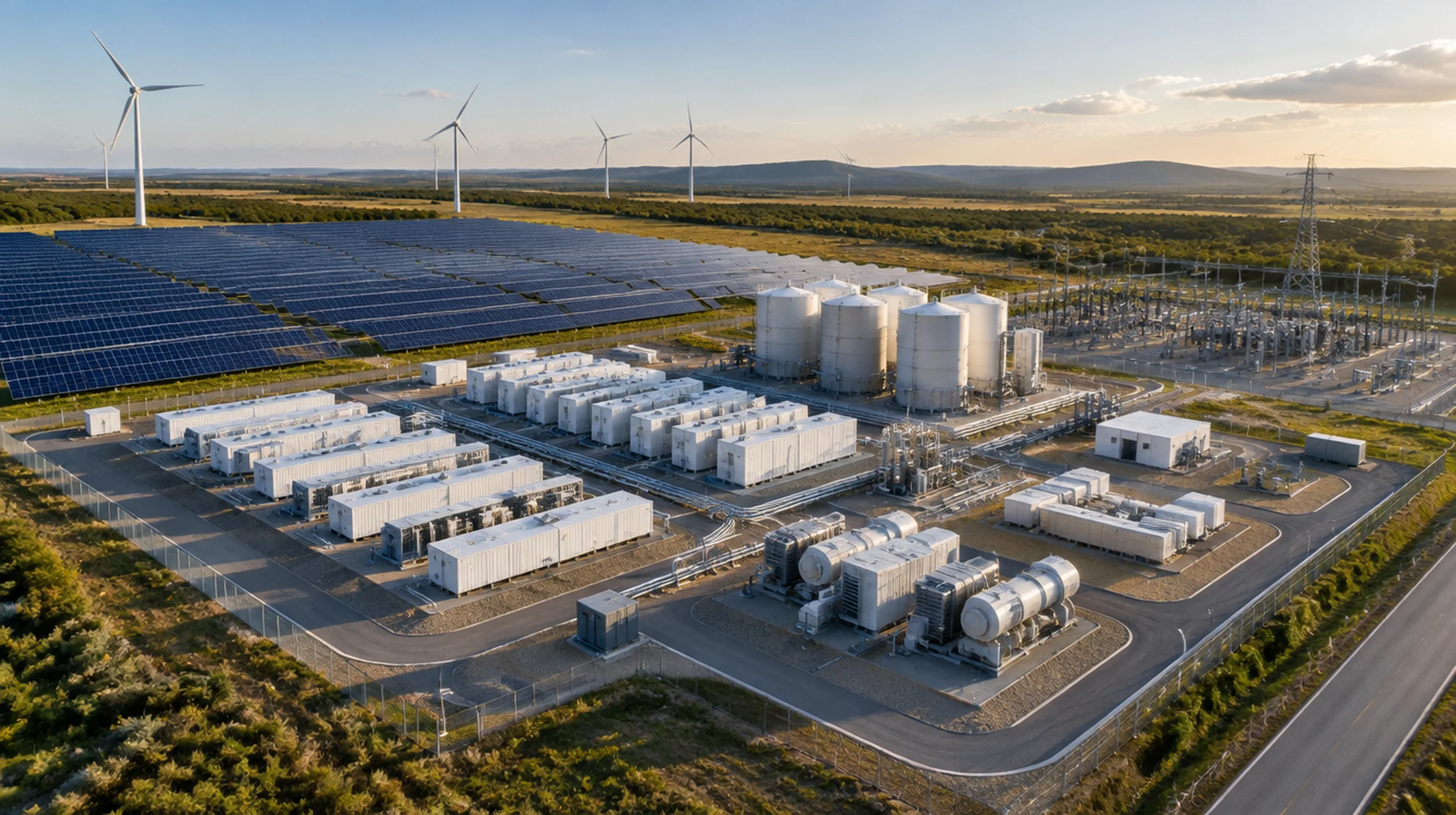 Green hydrogen production facility powered by a solar farm and wind turbines, with rows of electrolyzer containers, compressors, hydrogen storage tanks and a substation
