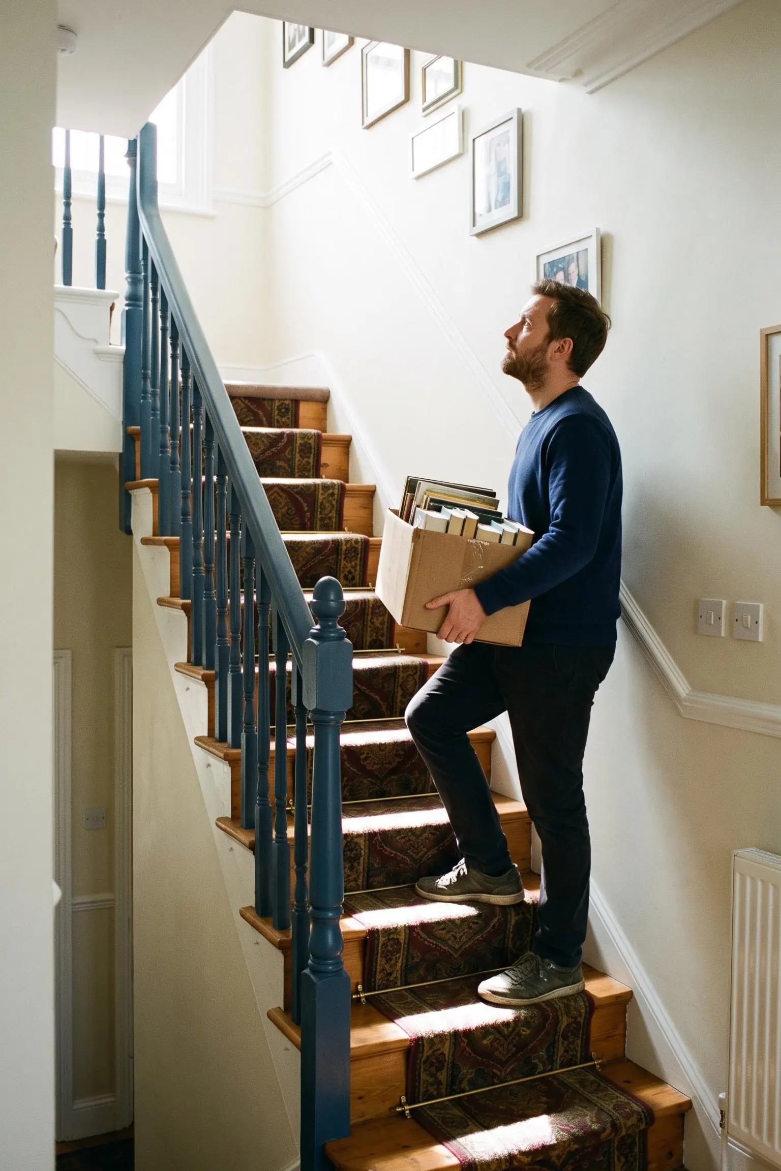 A man carrying a box of books up the stairs of a terraced house, bright sun across the treads