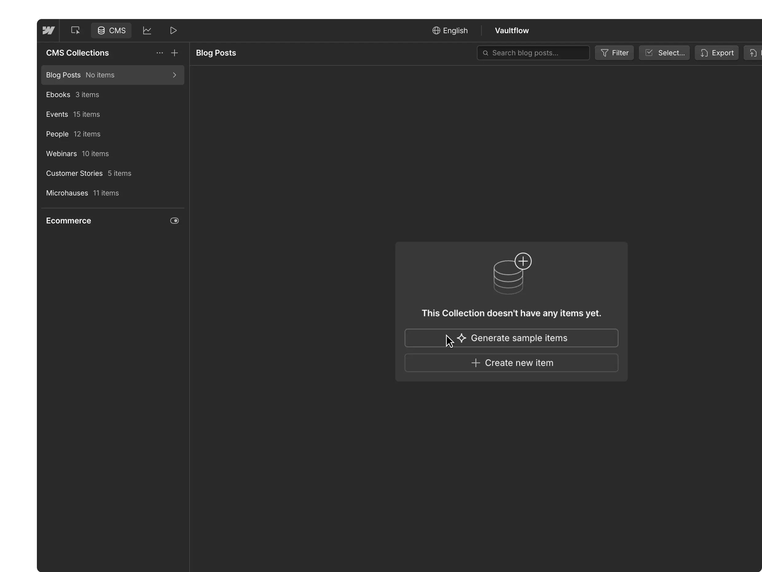Webflow CMS dashboard displaying content collections and the Blog Posts collection, ready for creating and managing dynamic website content.