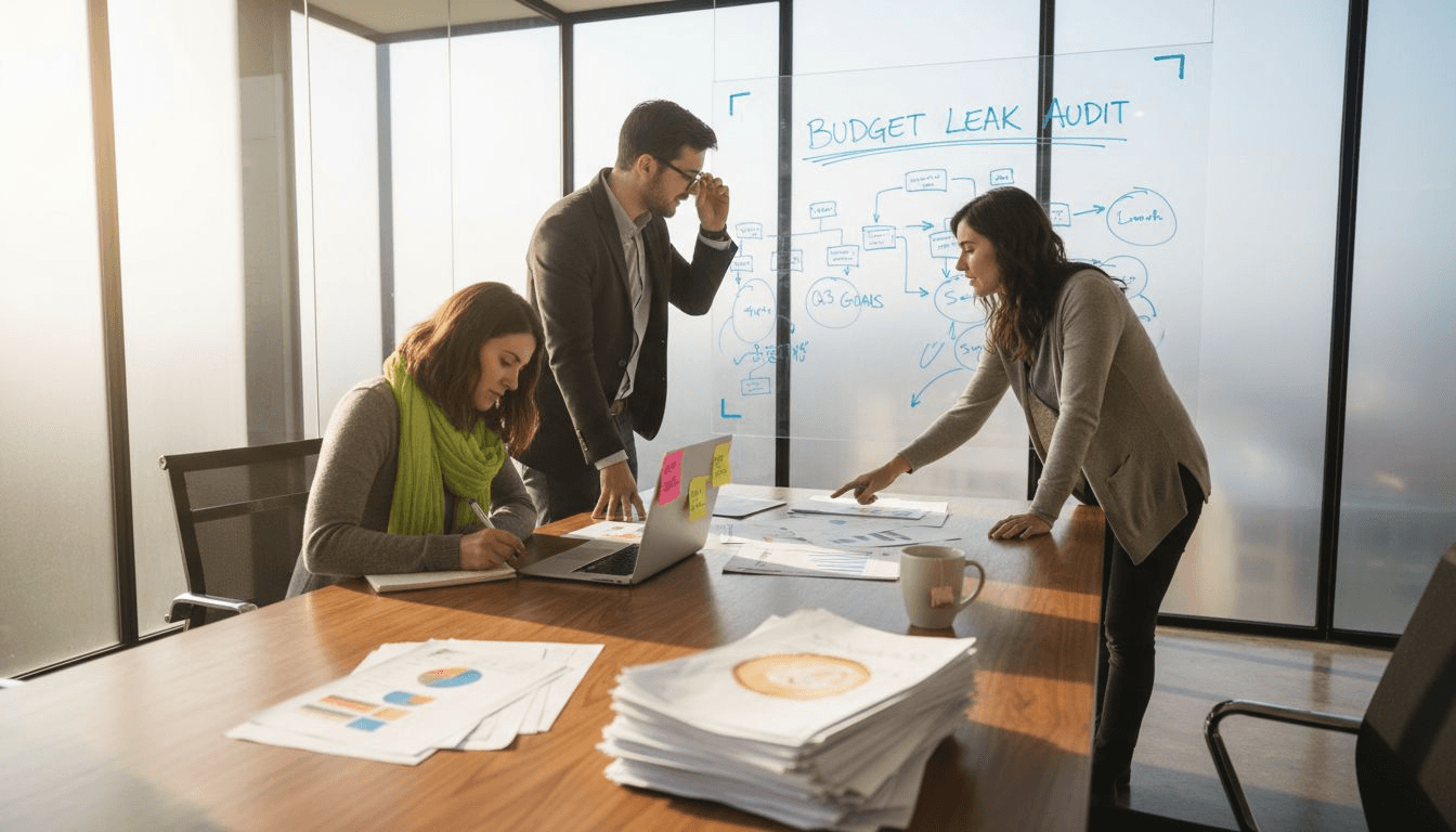 Team auditing ad budget with reports and charts