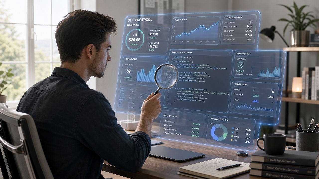 A professional analyzing DeFi protocol metrics and smart contract security code through a digital holographic interface.