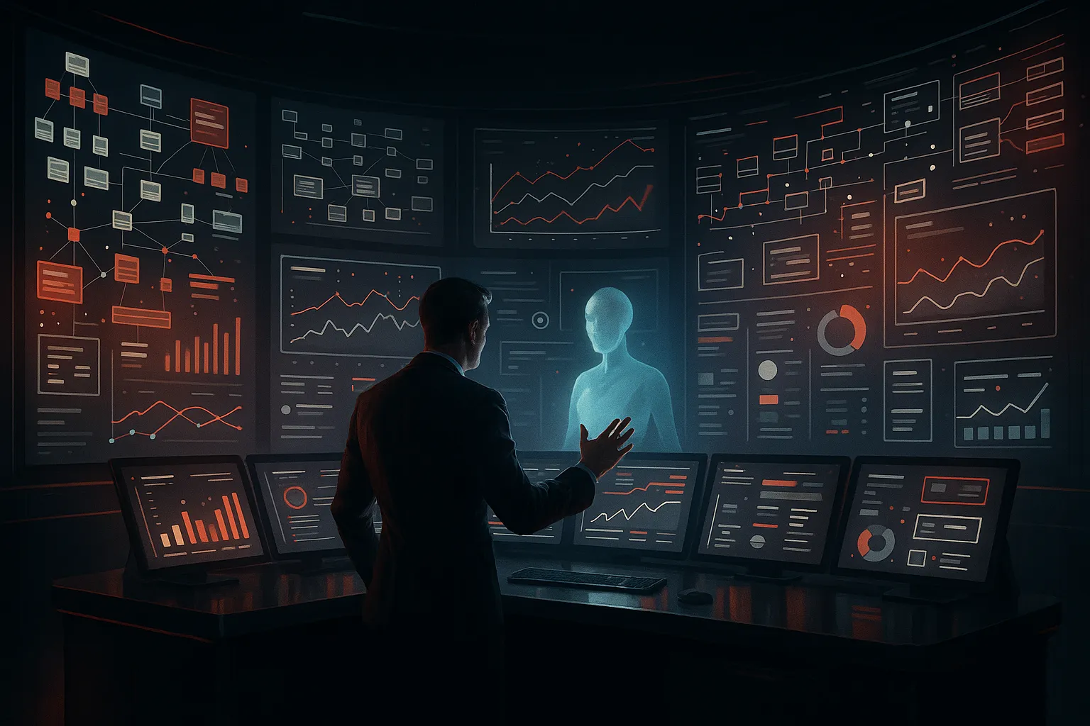 Man interacts with AI in a digital marketing agency control room, RockN' Socials.