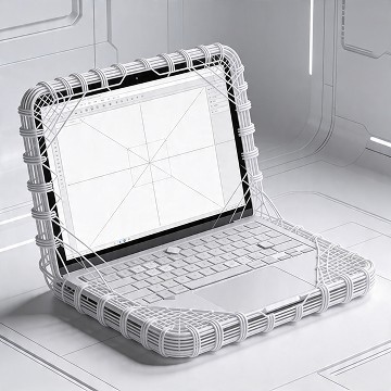 Laptop mockup encased in a futuristic wireframe structure, placed in a monochromatic sci-fi environment.
