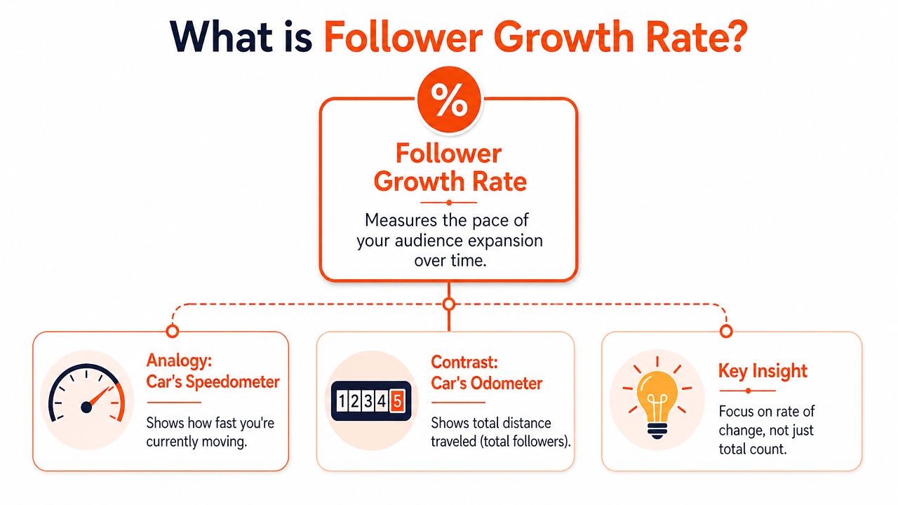 An infographic explaining follower growth rate by comparing it to a car's speedometer and odometer.