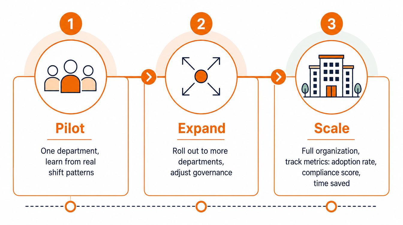 A three-step infographic showing the business growth stages of pilot, expand, and scale for enterprise deployment.