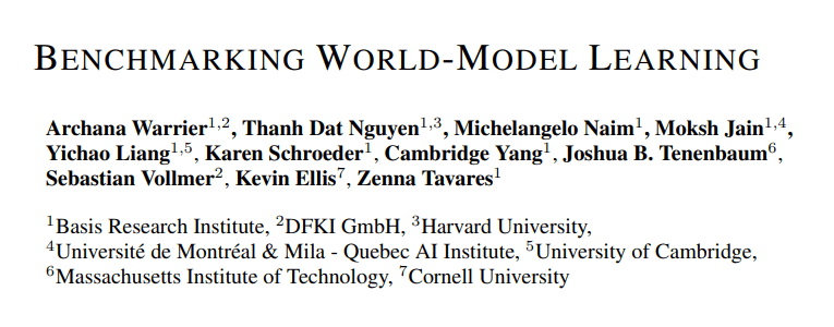 Title page of a research paper titled “Benchmarking World-Model Learning.” Below the title is a list of authors including Archana Warrier, Thanh Dat Nguyen, Michelangelo Naim, Moksh Jain, Yichao Liang, Karen Schroeder, Cambridge Yang, Joshua B. Tenenbaum, Sebastian Vollmer, Kevin Ellis, and Zenna Tavares, along with their institutional affiliations such as the Basis Research Institute, DFKI, Harvard University, Université de Montréal and Mila, University of Cambridge, MIT, and Cornell University.