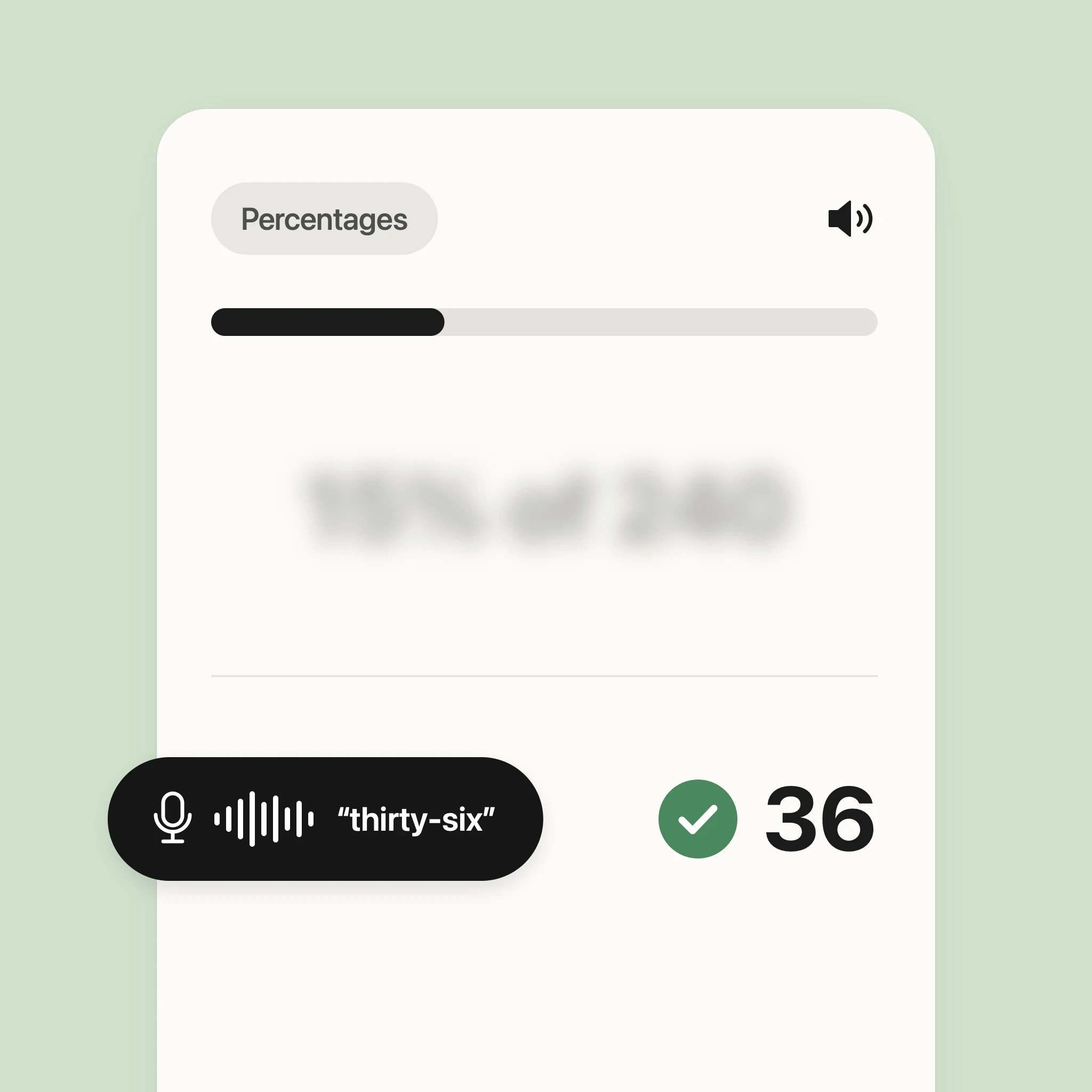 Numbio exercise card with the numbers blurred out and a speaker icon, while a spoken answer, "thirty-six", is marked correct.
