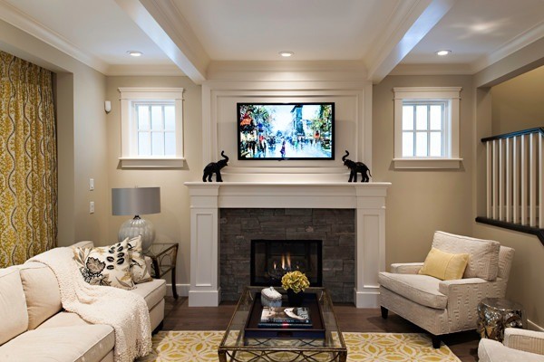 Image of Luxury living room design with fireplace, furniture, and layout design by KHD Homes interior designers.