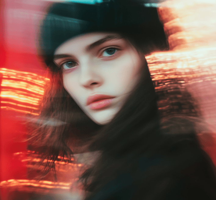  A woman with a black hat stands against a backdrop of red lights, enhancing the dramatic effect of the scene.