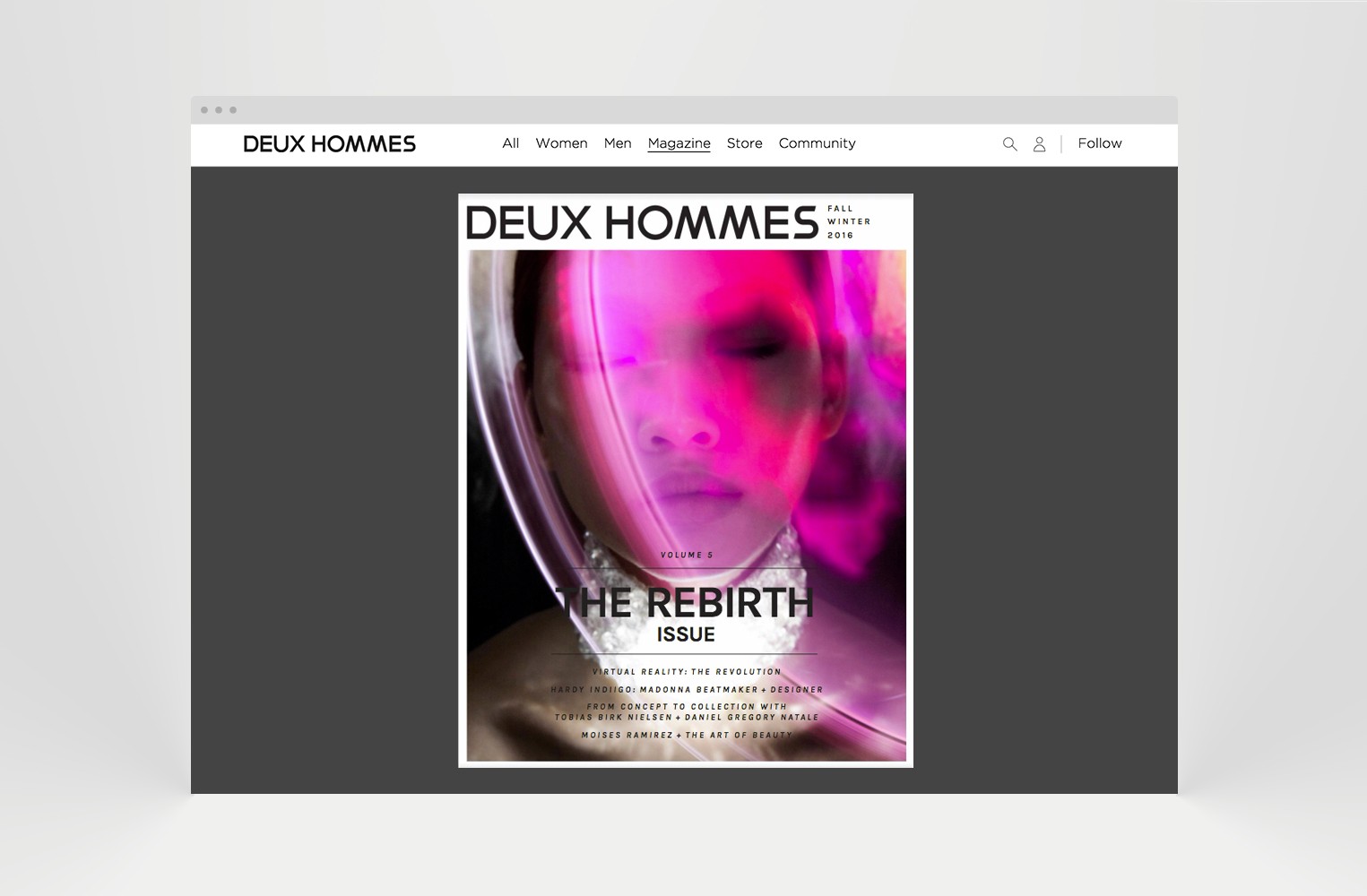 Cover of Deux Hommes magazine's Fall/Winter 2016 issue titled "The Rebirth Issue" featuring vibrant colors and abstract photography.