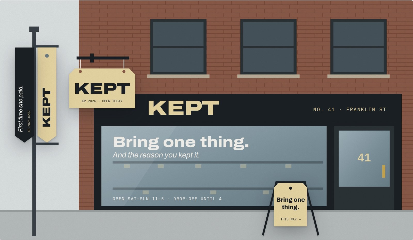 Storefront with a tag-shaped blade sign.