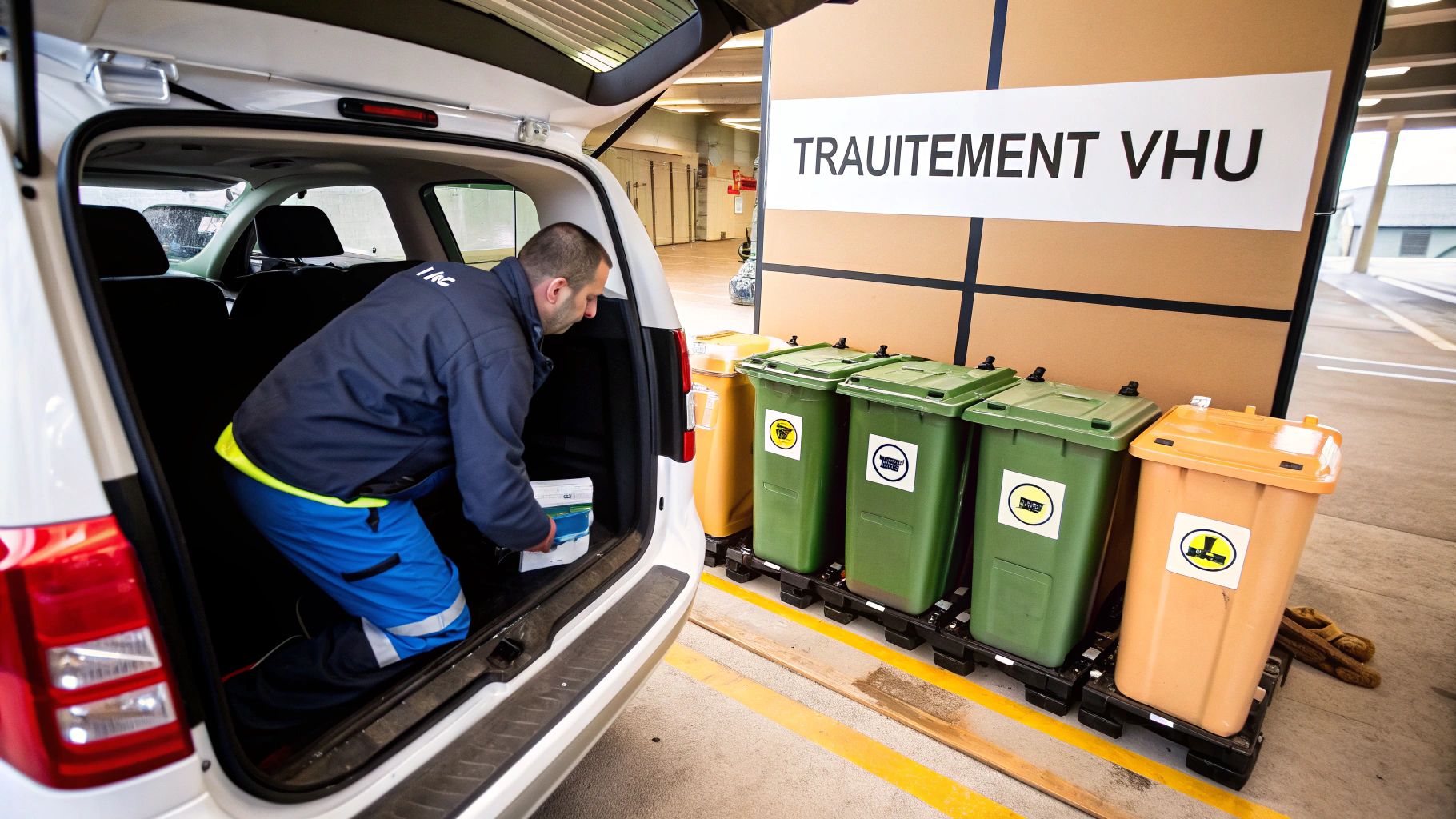 Un homme manipule des objets dans le coffre d'une voiture blanche, près de poubelles de recyclage pour le traitement des VHU.