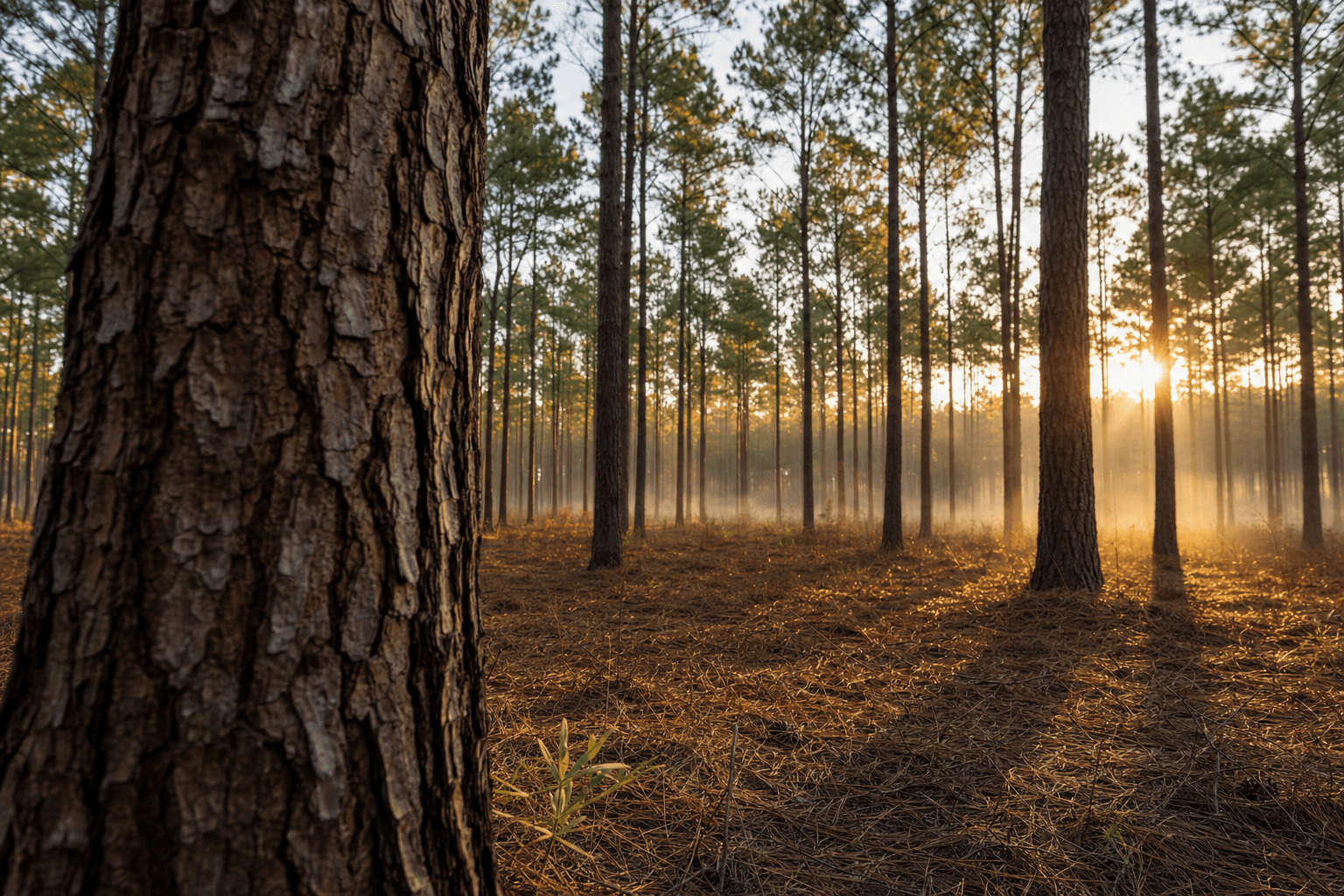 Aerial view of a managed loblolly pine plantation in the Southeast, with rows of trees at varying growth stages