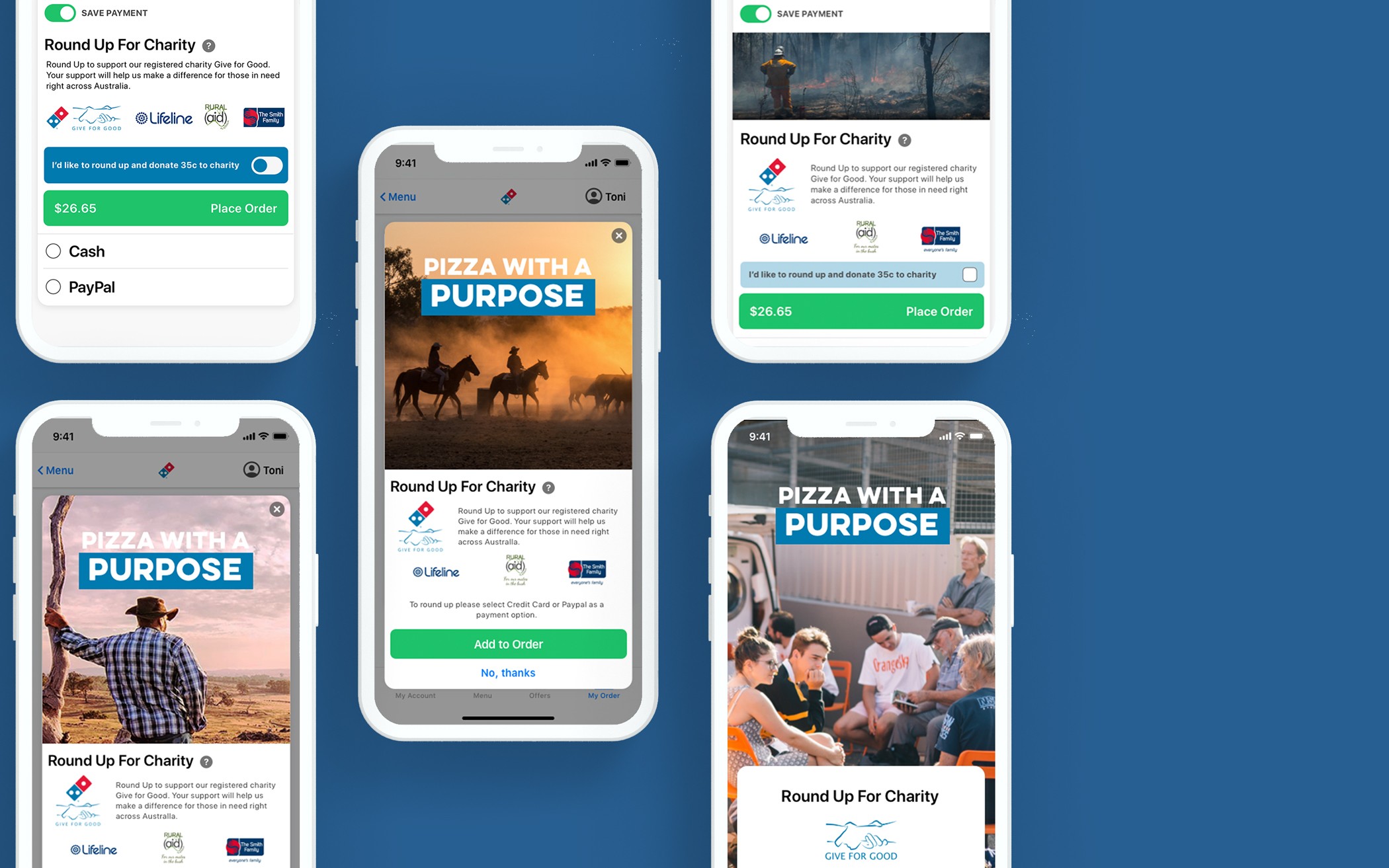 Multiple iPhone screen mockups for the Round Up phases