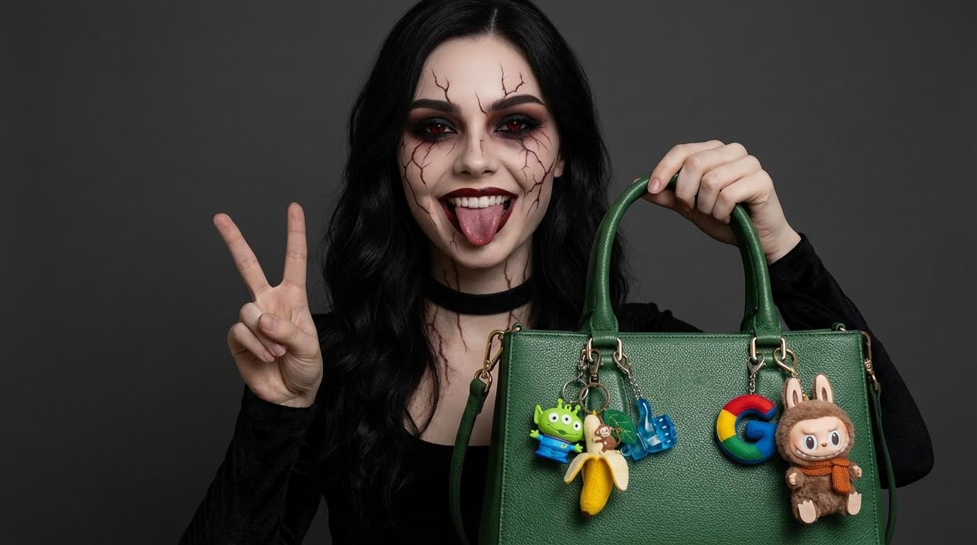 A model is posing. She is wearing the following items, the scene is against a dark grey background. The green alien, banana keychain, google logo plushie, blue thumbs up keychain and brown labubu is a keychain and it's attached to the green handbag. She is smiling, sticking her tongue out and holding up her left hand as a peace sign. 