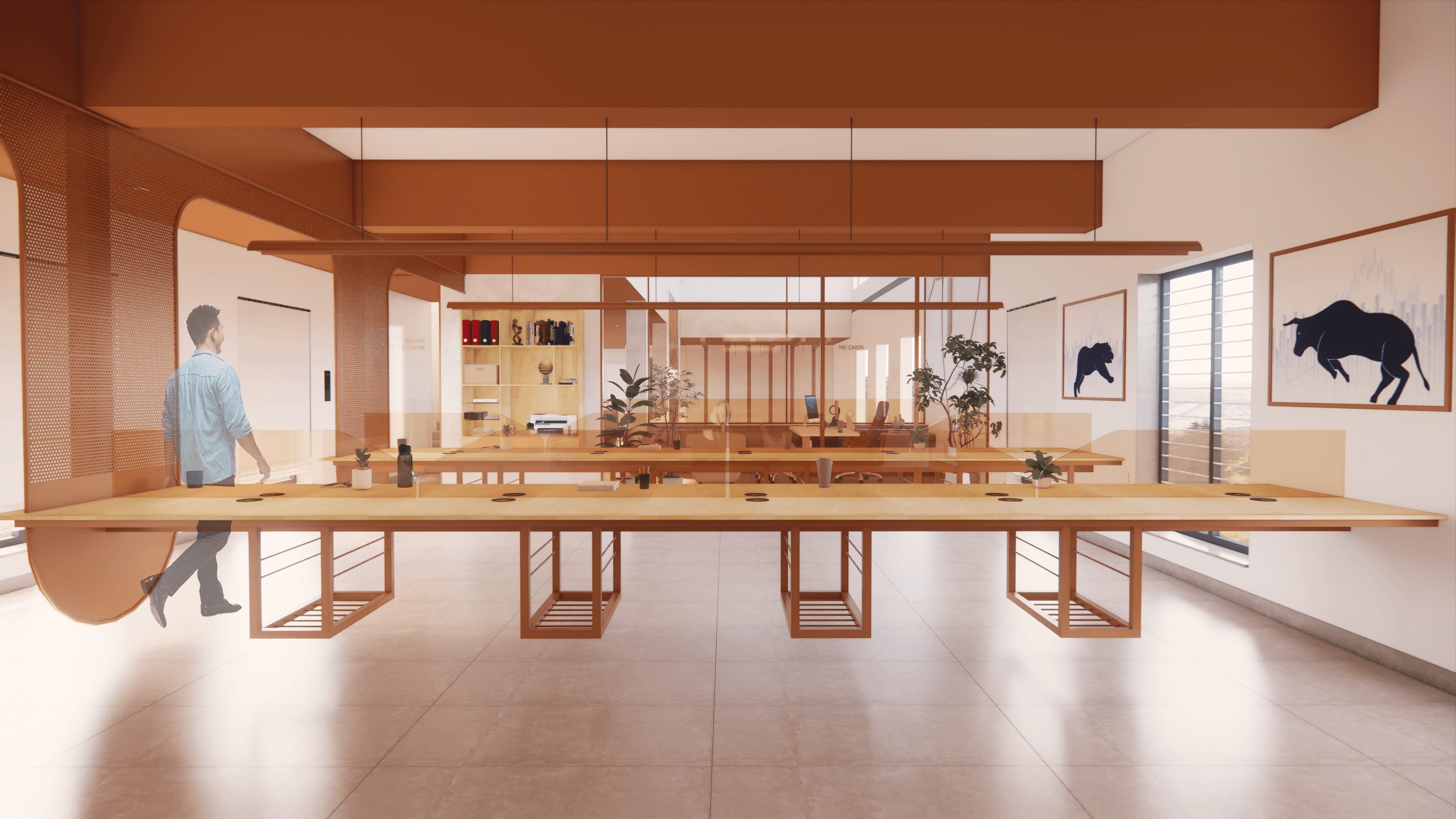 Futura + JHMC, P. Velur – Open office workspace with shared desks and glazed partitions, designed by Rooted Narratives, Bengaluru.