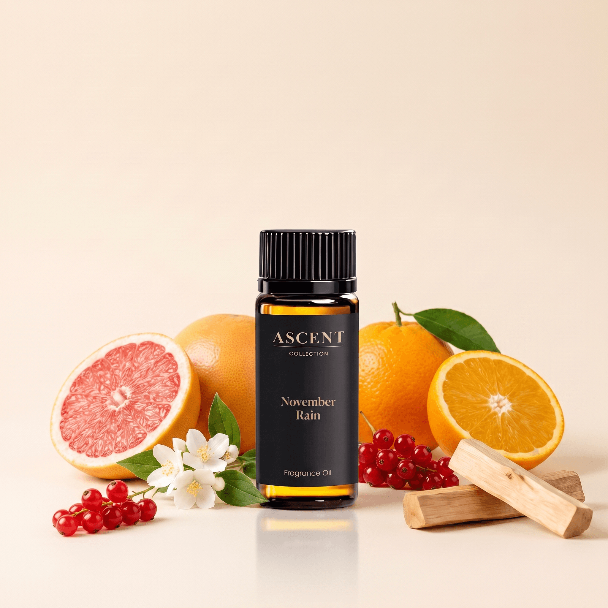 November Rain diffuser oil with its notes — grapefruit, orange, jasmine, red currant and cedarwood | Ascent Collection