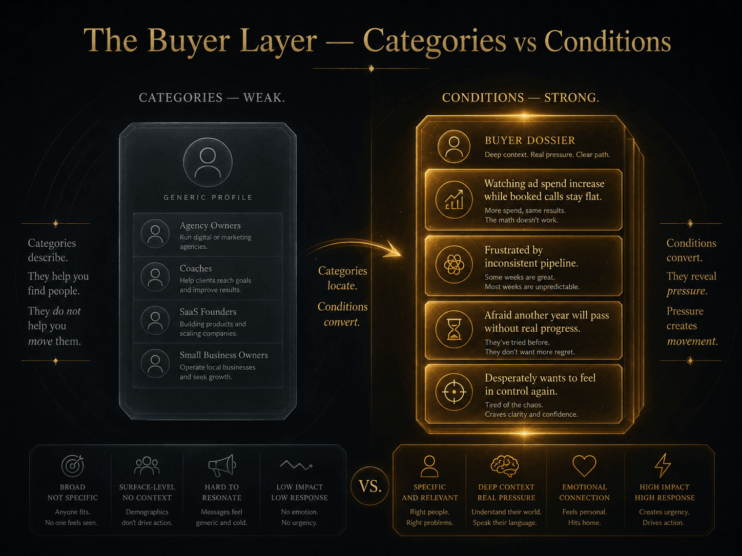 “The Buyer Layer — Categories vs Conditions” Concept: A split-screen comparison showing two ways of understanding a buyer.  Left side (Categories — Weak): A flat, generic profile card with demographic labels: “Agency Owners,” “Coaches,” “SaaS Founders,” “Small Business Owners.” The card is desaturated grey, flat, forgettable. Label: “Categories describe. They help you find people. They do not help you move them.”  Right side (Conditions — Strong): A rich, layered dossier glowing with gold. Inside: “Watching ad spend increase while booked calls stay flat,” “Frustrated by inconsistent pipeline,” “Afraid another year will pass without real progress,” “Desperately wants to feel in control again.” Label: “Conditions convert. They reveal pressure. Pressure creates movement.”  A curved arrow points from left to right with the word: “Categories locate. Conditions convert.”  Style: Dark charcoal background. Left side: desaturated grey, flat, generic. Right side: warm gold/amber, layered, rich with insight, glowing.  Interaction: Hovering the left side reveals: “Markets help you find people. But categories don't create recognition.” Hovering the right side reveals each pressure layer (pain, fear, desire, identity). A slider transitions from “Category Thinking” to “Condition Thinking.”
