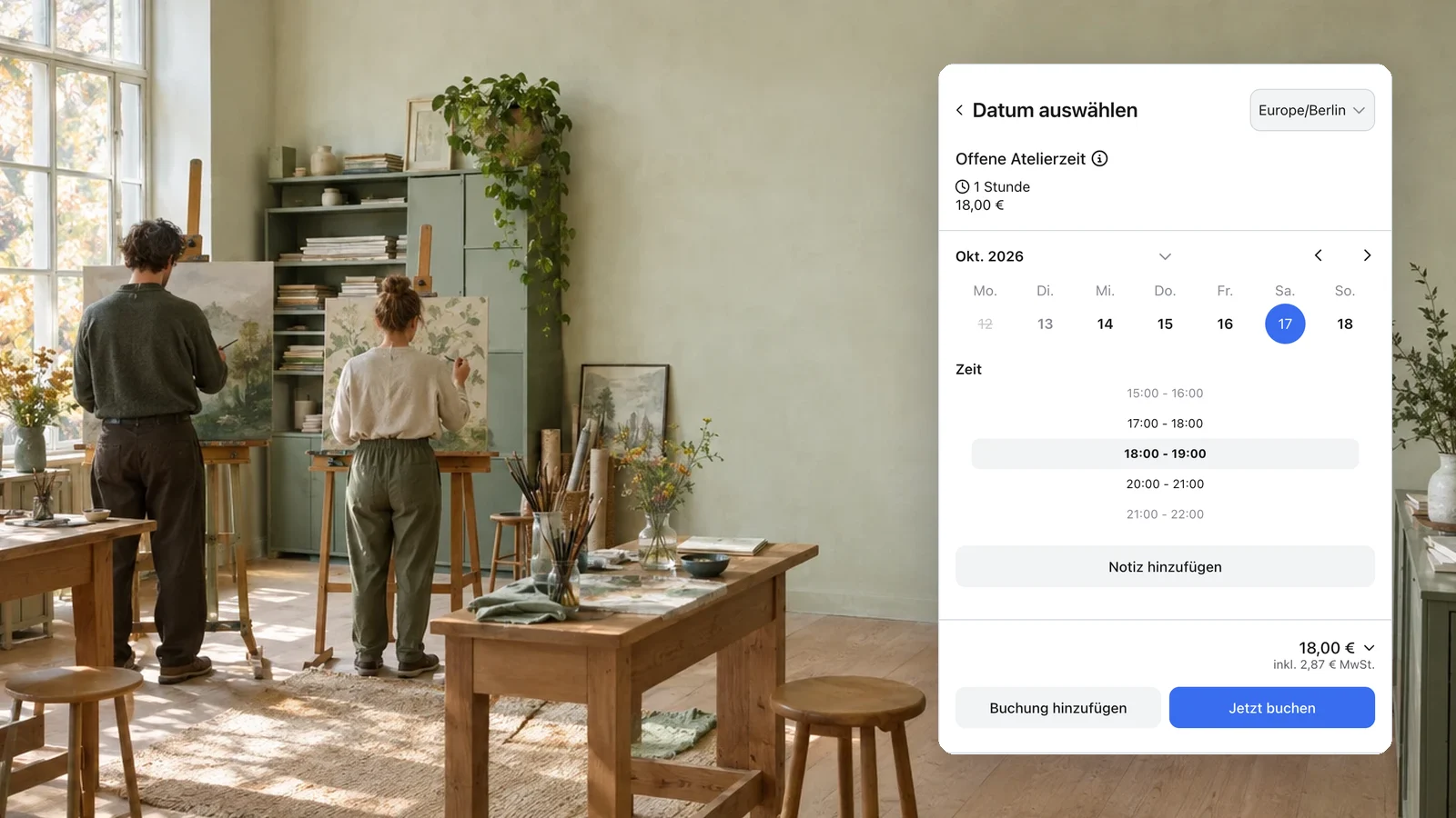 Echte anny Buchung für offene Atelierzeit am 17. Oktober von 18 bis 19 Uhr für 18 €