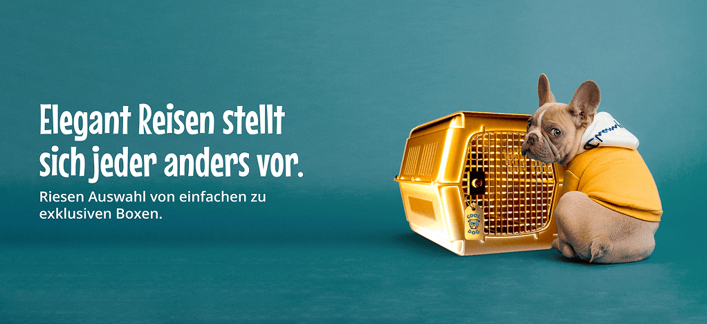 Cool Dog banner featuring a French bulldog in a yellow hoodie next to a gold pet carrier, headlined "Elegant Reisen stellt sich jeder anders vor"