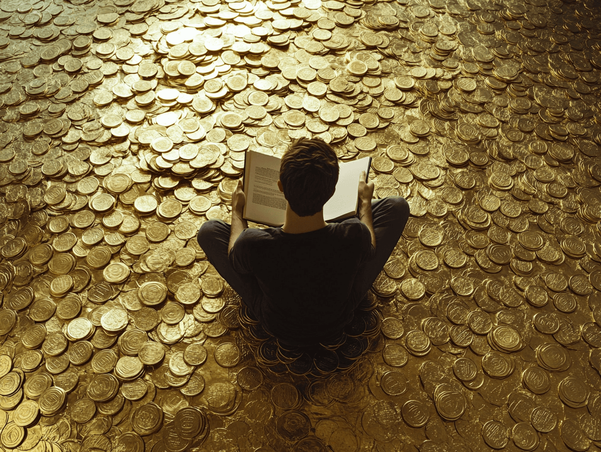 man studying economics surrounded by gold coins