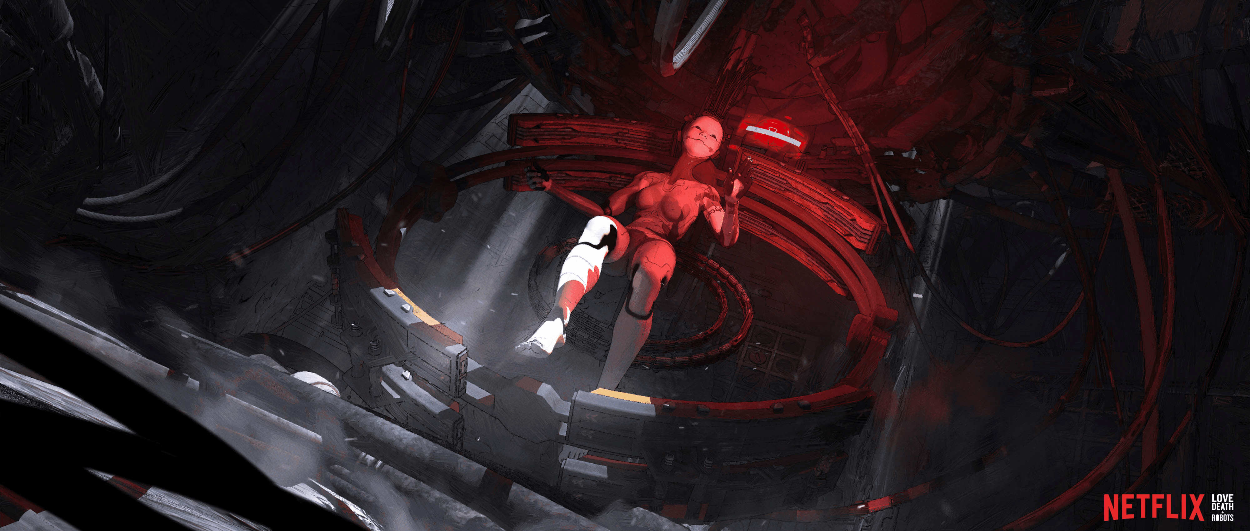 Android seated among dark cables and red emergency lighting