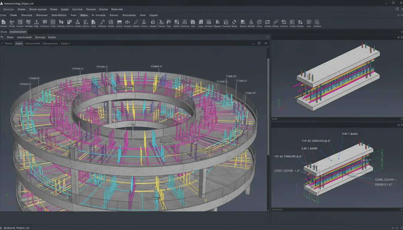 A screenshot of Autodesk Revit software in Modern Dark Mode, showcasing a complex structural engineering project. The interface is divided into multiple panels. A large 3D viewport on the left displays a spiraling concrete parking ramp, with intricate rebar reinforcement shown in vibrant magenta, yellow, and cyan wireframes. On the right, two smaller panels are stacked: the top one shows a detailed isometric 3D model of a concrete beam with a colorful rebar cage, and the bottom panel displays a 2D technical cross-section schematic of the beam's reinforcement with detailed placeholder annotations and colorful dimension lines. The top of the screen features a comprehensive toolbar ribbon filled with icons and abstracted UI elements typical of BIM software.