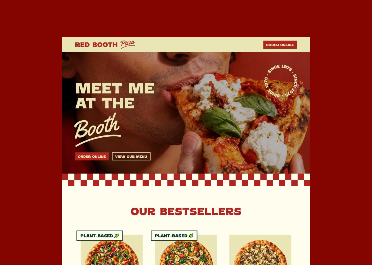 Red Booth pizza restaurant website featuring a pizza hero image and bestseller menu