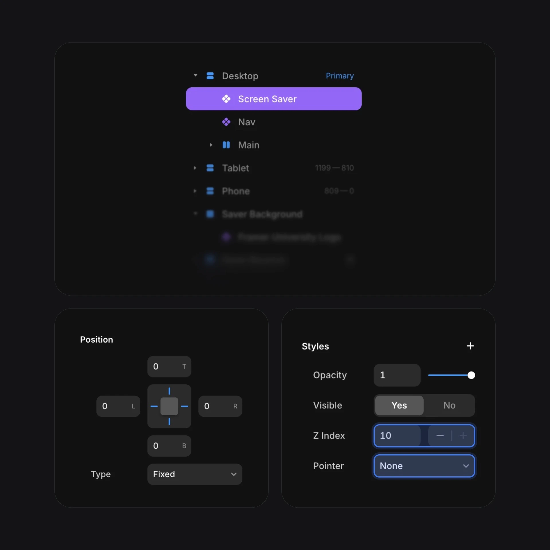 Screen saver settings interface with position, styles, and visibility options in a dark theme