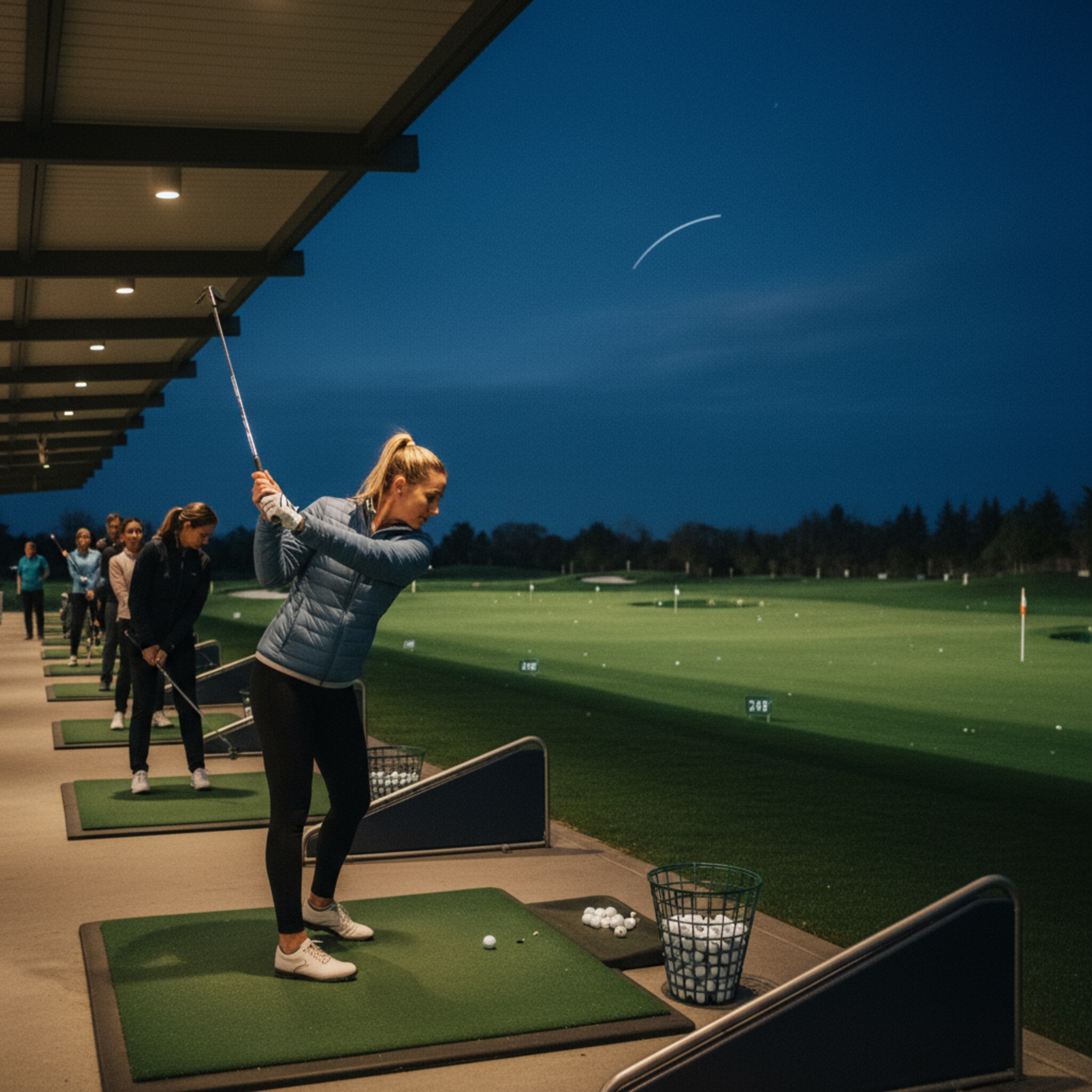 Mehrere Bays sind belegt, ordentliche Ballkörbe stehen an den Matten. Eine Spielerin richtet den Stand aus, ein ruhiger Schwung löst sich, der Ball verschwindet in den dunklen Himmel. Strukturierte Bereiche und entspannte Bewegung prägen die Szene.