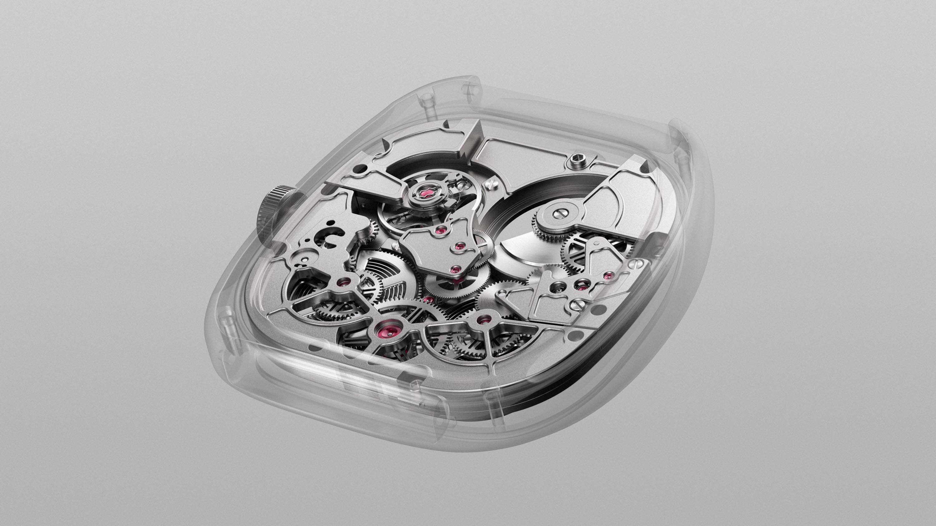 Rendering del movimento in titanio dell'orologio di lusso WRK ACF-02 con cassa effetto ghost