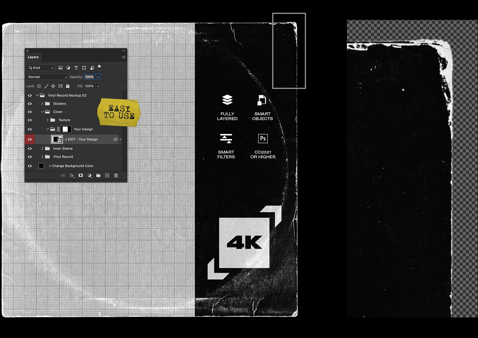 Vinyl record mockup close up showing distressed album cover texture detail