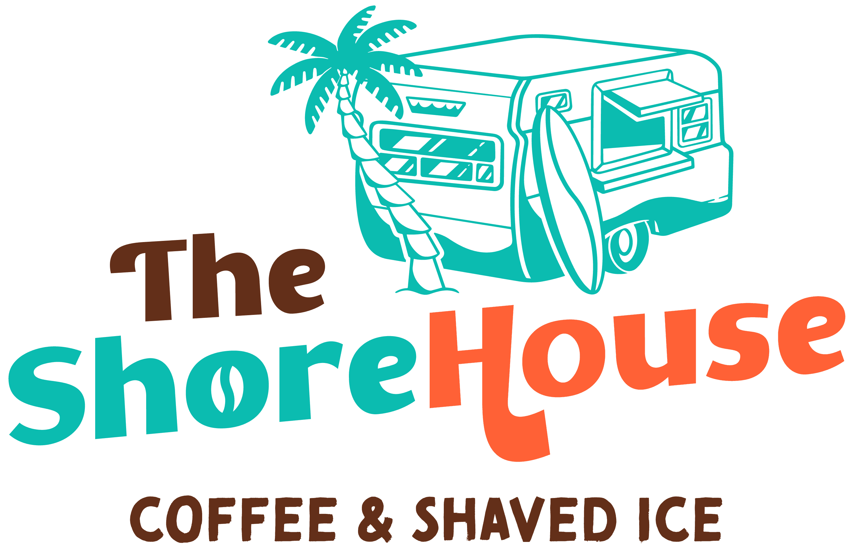 The ShoreHouse Coffee & Shaved Ice logo. A winebago with a palm tree and surf board sit on the top right. The O in Shore is designed to look like a coffee bean.