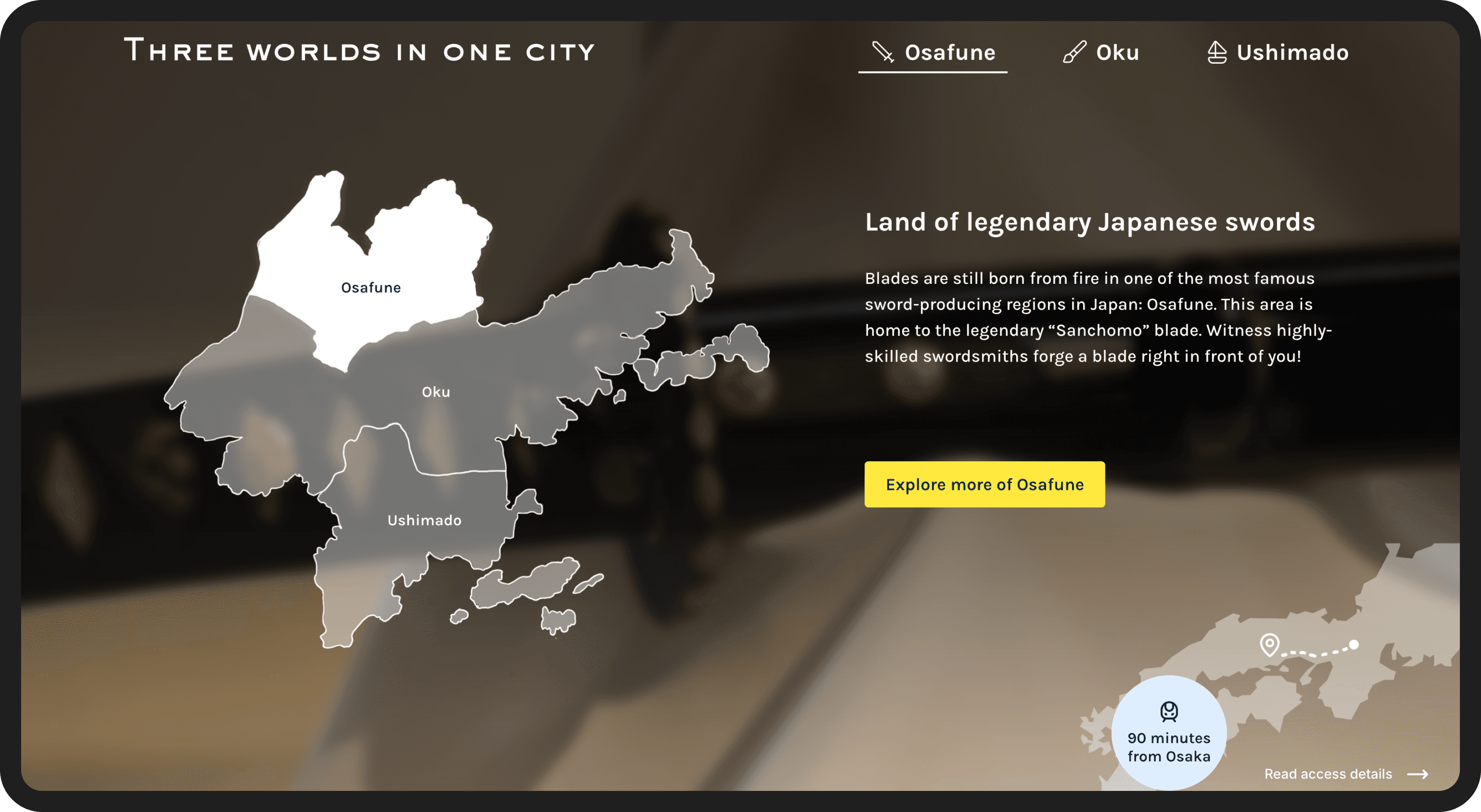 Screenshot on desktop of the interactive Setouchi map section, focusing on the Osafune region