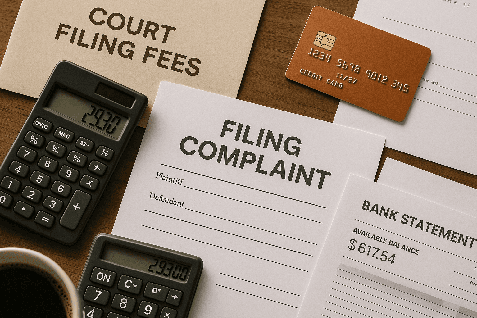 Breakdown of small claims court filing costs with legal documents and calculator.