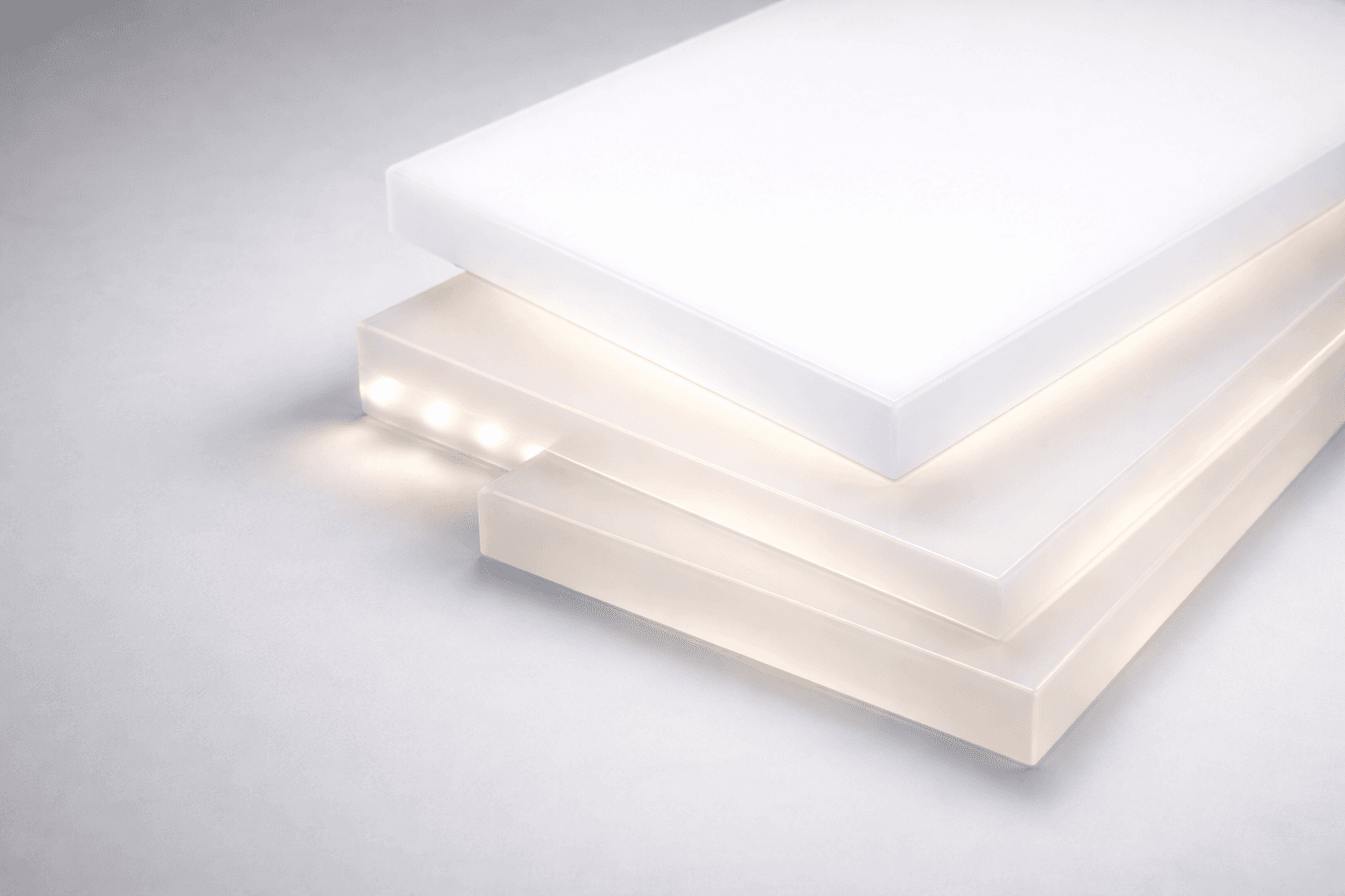 Opal and white diffusion acrylic sheets lit by LEDs