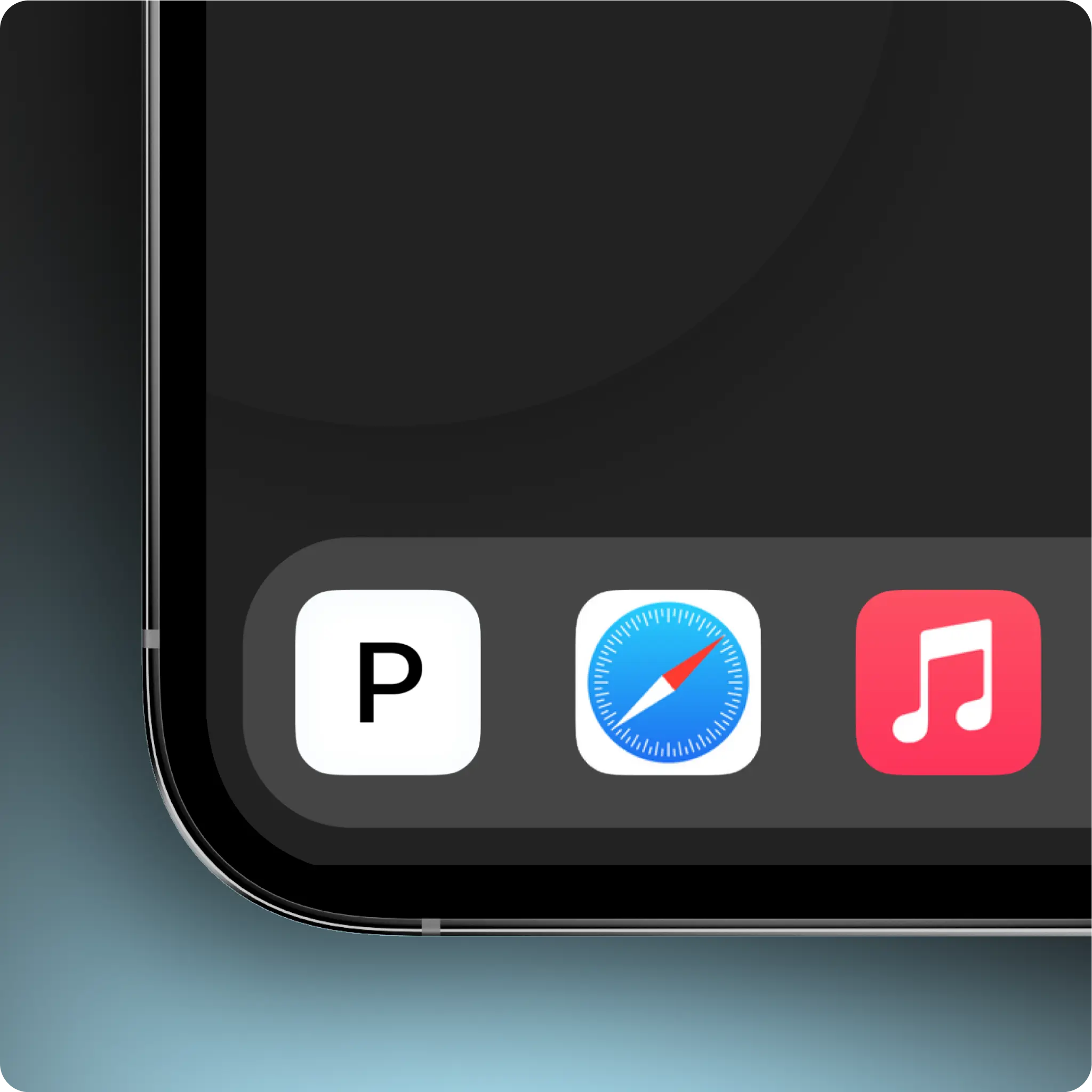 Close-up of a mobile device screen showing a dock with three app icons: a white square with a black 'P', the Safari browser icon, and the Apple Music icon.