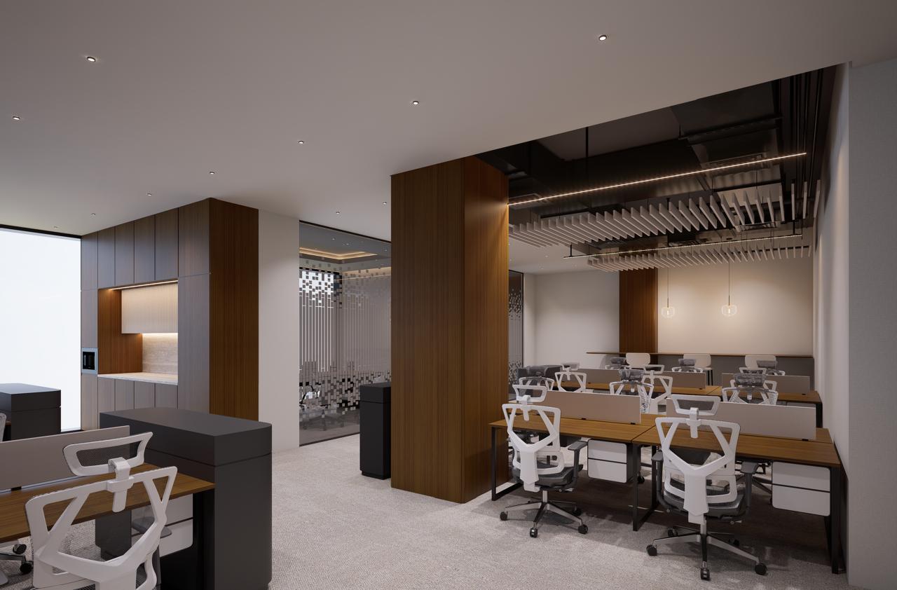 Modern shared workspace inside serviced offices in Dubai featuring warm wood finishes, soft lighting, and clean lines.