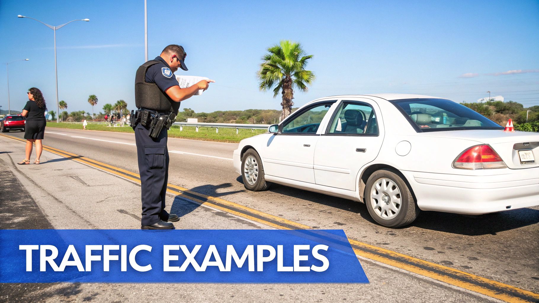A police officer talks to a driver pulled over in a white car on a sunny road, with a woman observing.